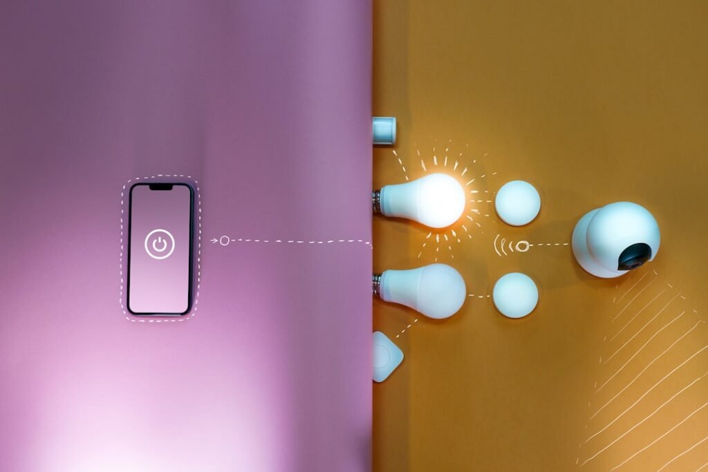 Phone and connected light bulbs arranged as a smart-home concept